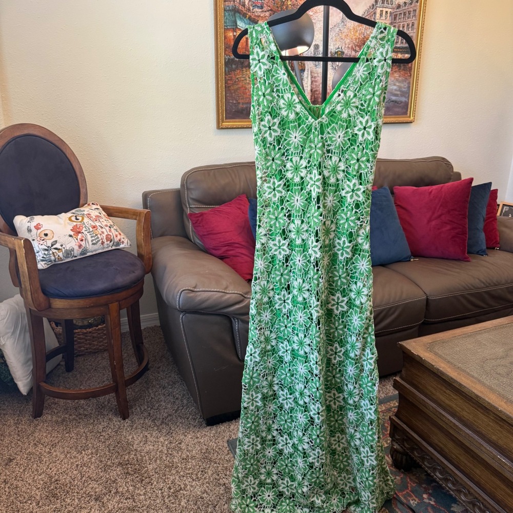$885 Stella Pardo Paris Organic Cotton Floral Crochet Maxi Dress Green White S - Picture 12 of 15